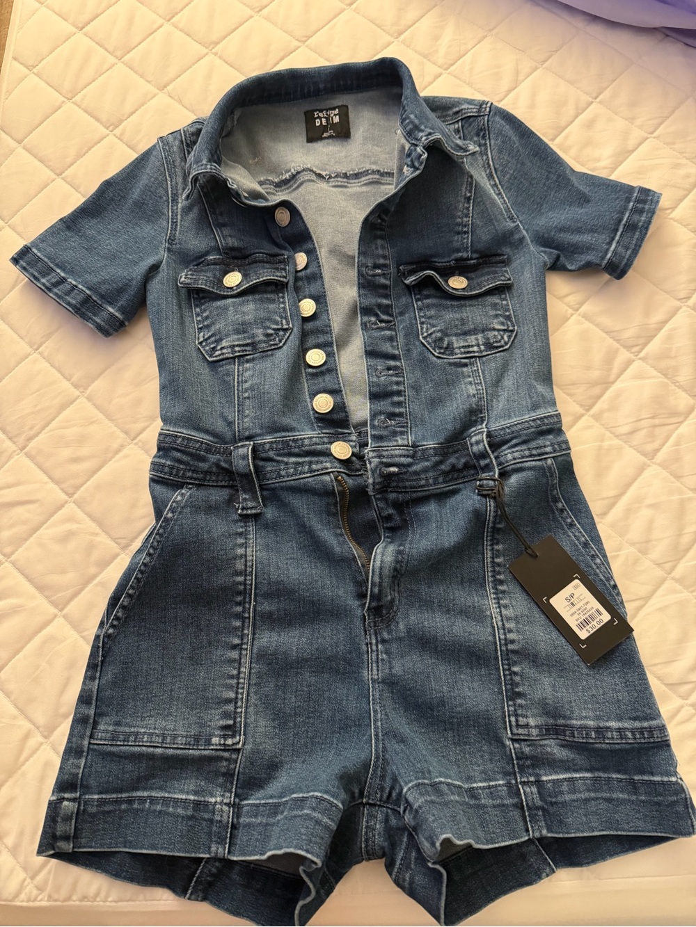DL1961 Girls' Short-Sleeve Denim Romper in Blue